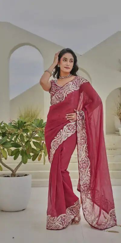Red Silver Crunchy Embroidery Work Saree