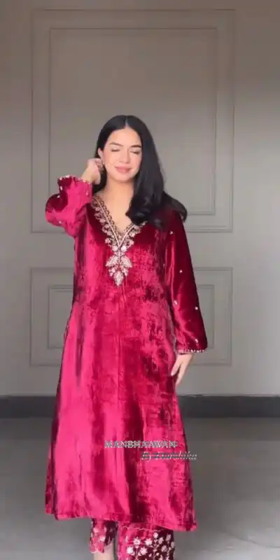 LG 2025 Red Velvet Salwar Suit with Embroidery Work & Lace Work. Exclusive Offer ₹1899. Delivery 4-6 Working Days. Shop now. | Jump Suits, Tops & Bottoms, Track Suits, Trendy Wear, Salwar suit, Designer Suits, Casual Suits, Creative suits, Palazzo Suits, Party Wear Suits, Patiala Suits, Straight Suits