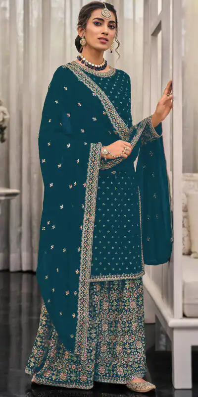 FC 1448 Teal Georgette Salwar Suit with Embroidery Work & Lace Work. Exclusive Offer ₹2599. Delivery 4-6 Working Days. Shop now. | Jump Suits, Tops & Bottoms, Track Suits, Trendy Wear, Salwar suit, Designer Suits, Casual Suits, Creative suits, Palazzo Suits, Party Wear Suits, Patiala Suits, Straight Suits