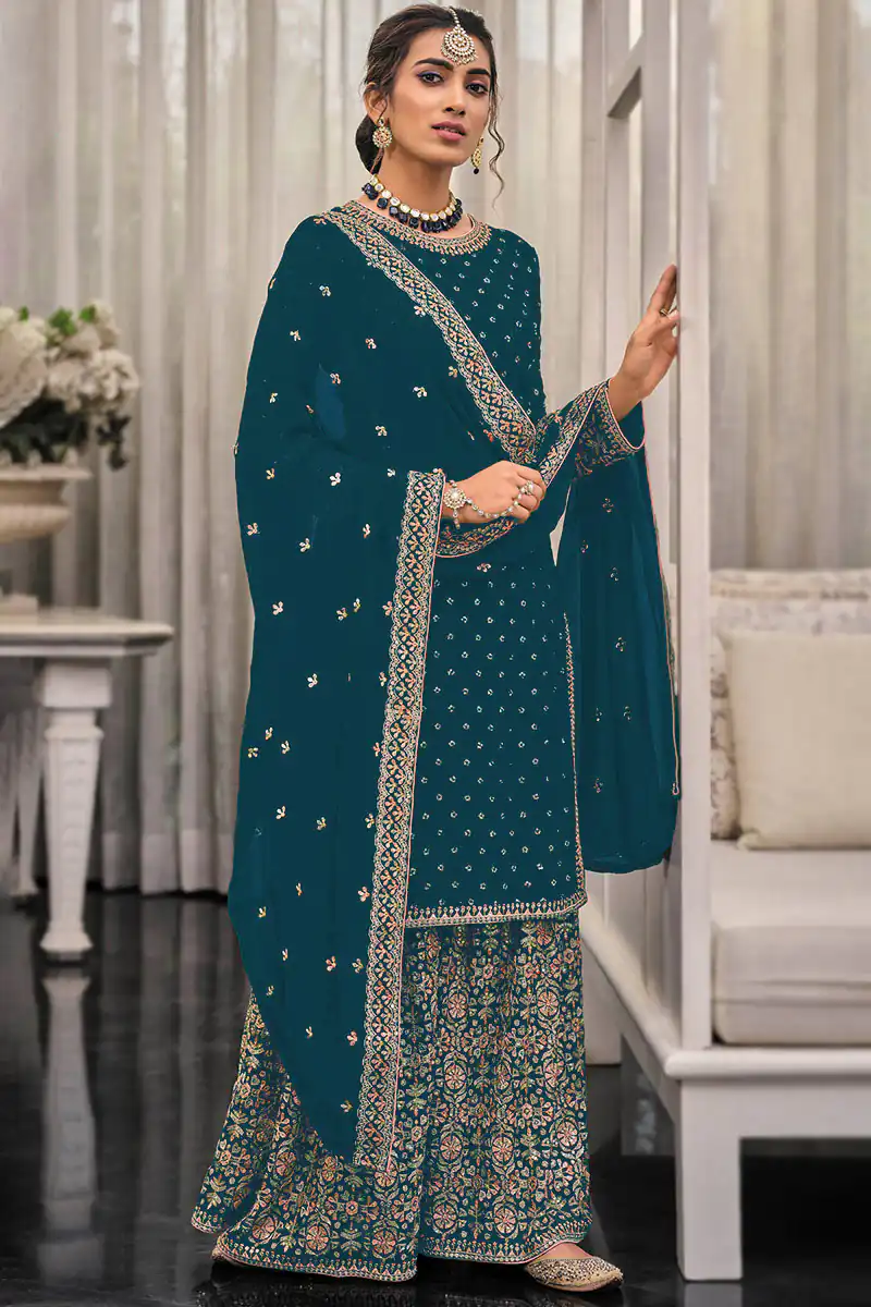 FC 1448 Teal Georgette Salwar Suit with Embroidery Work & Lace Work. Exclusive Offer ₹2599. Delivery 4-6 Working Days. Shop now. | Jump Suits, Tops & Bottoms, Track Suits, Trendy Wear, Salwar suit, Designer Suits, Casual Suits, Creative suits, Palazzo Suits, Party Wear Suits, Patiala Suits, Straight Suits