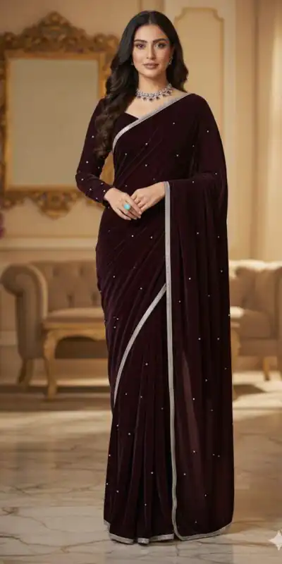 BD 1798 Wine Velvet 9000 with Revert Machine Pearl Work Saree Designer Work. Get it for ₹2049. Delivery 4-6 Working Days. Shop now. | Sarees, Bollywood Sarees, Creative Sarees, Designer Sarees, Embroidered Sarees, Ethnic Saree, Modern Digital sarees, Party Wear Sarees