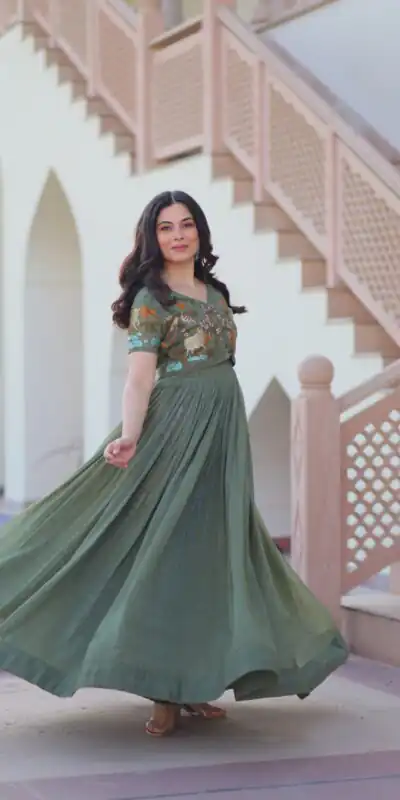 Dark Pista Silver Crunchy Embroidery Work Gown