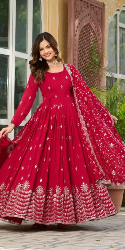 Red Vichitra Silk Embroidery Work Gown