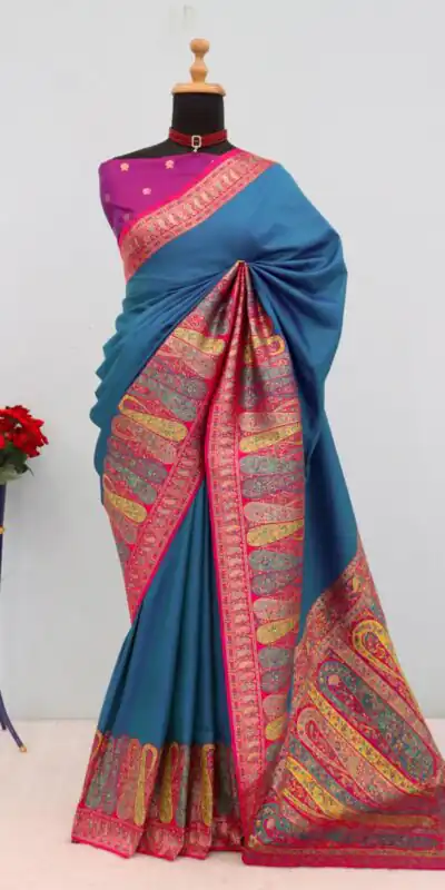 Teal Paithani Silk Woven Motifs Work Saree