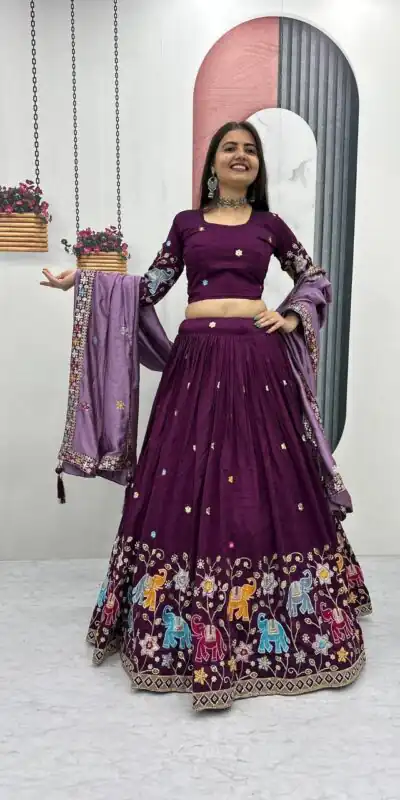Wine Vichitra Silk Lace Border Work Lehenga Choli