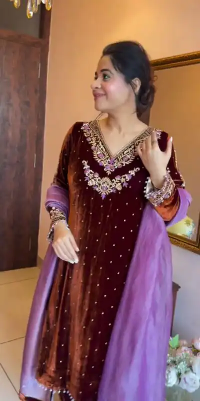 Brown Velvet Bead Embroidery Work Salwar Suit