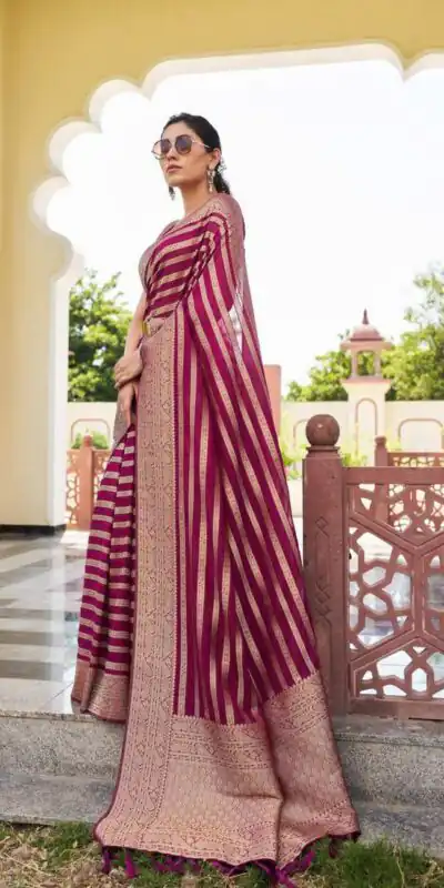 Maroon Lichi Silk Lace Border Work Saree