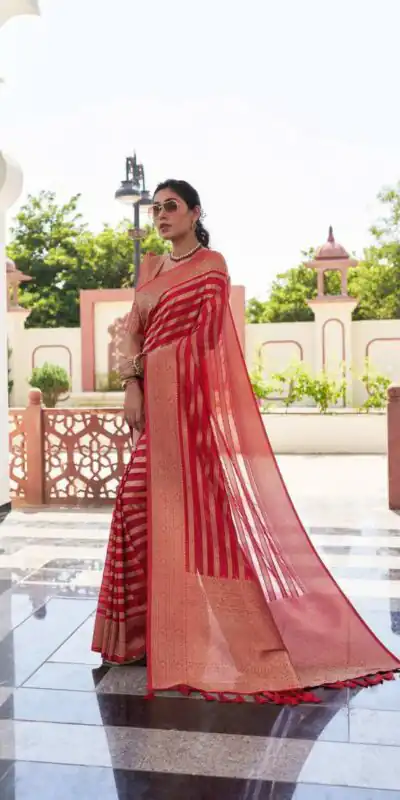 Red Lichi Silk Lace Border Work Saree