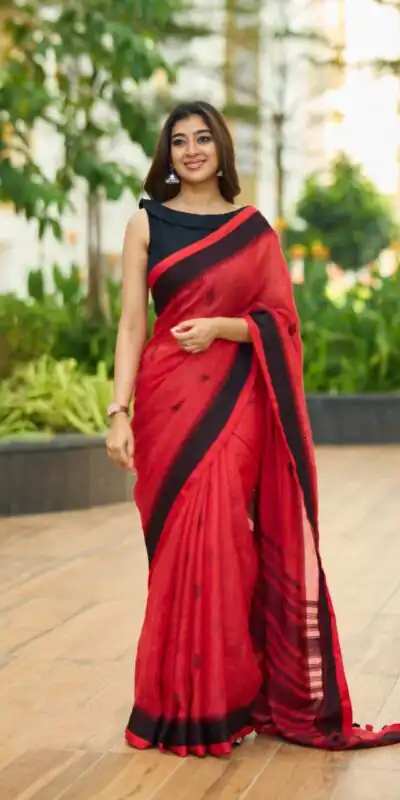Red Soft Lilan Slab  Lace Border Saree