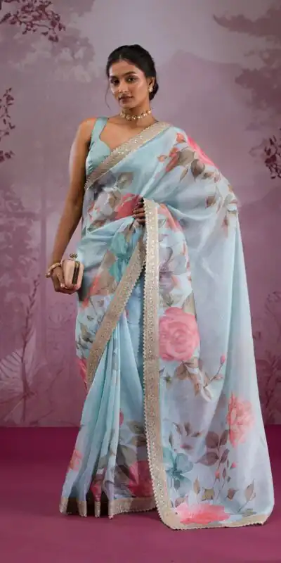 Sky Blue Chinon Silk Embroidery Cut Work Saree