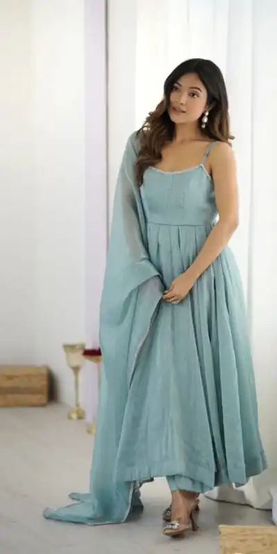 Sky Blue Crunch Silk Lace Work Salwar Suit