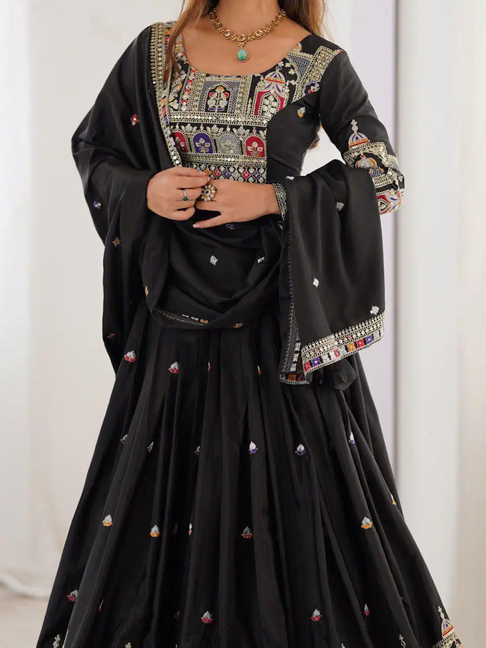 Black Chinon Silk Embroidery Work Lehenga Choli - Image 2