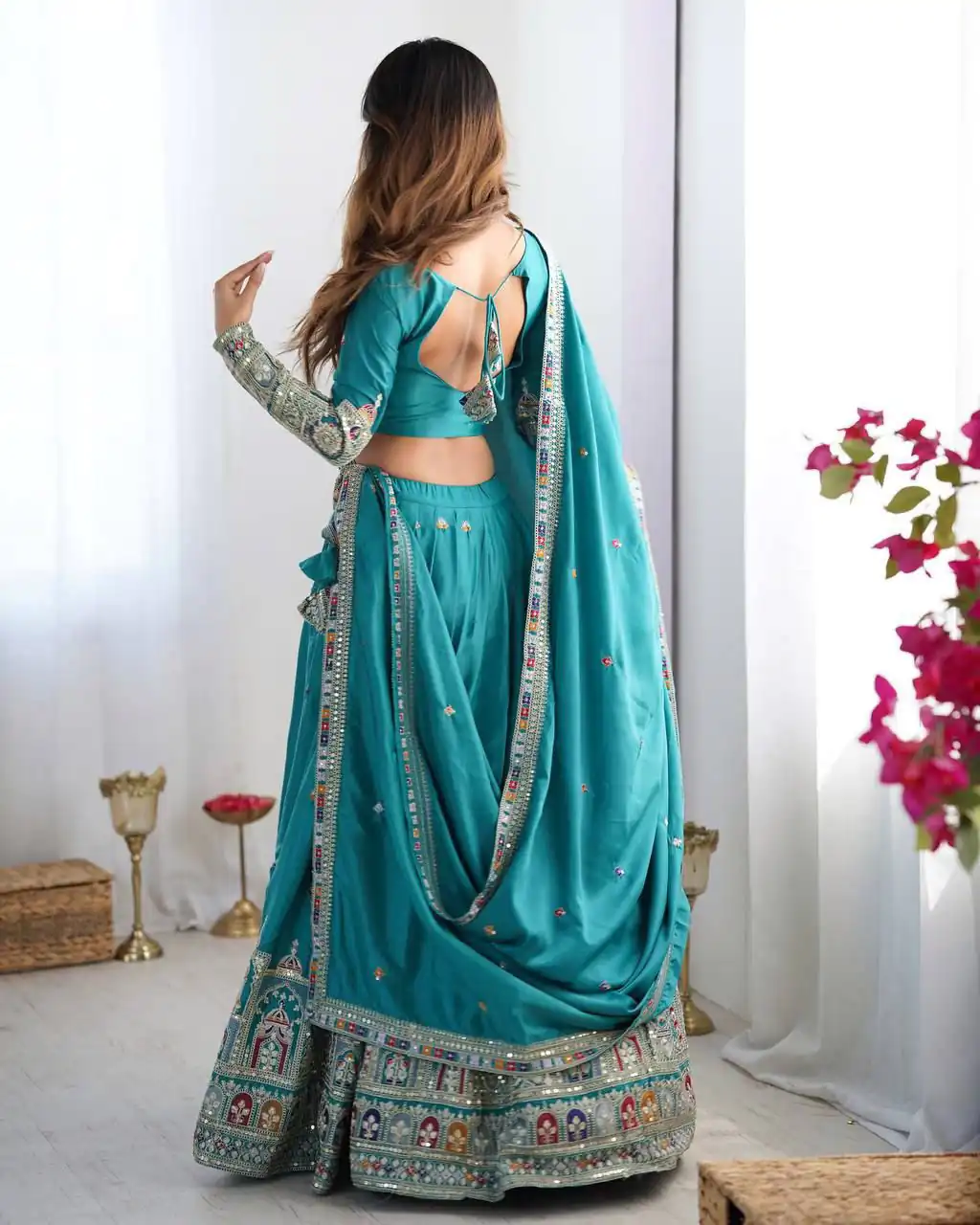 Rama Chinon Silk Embroidery Work Lehenga Choli - Image 3