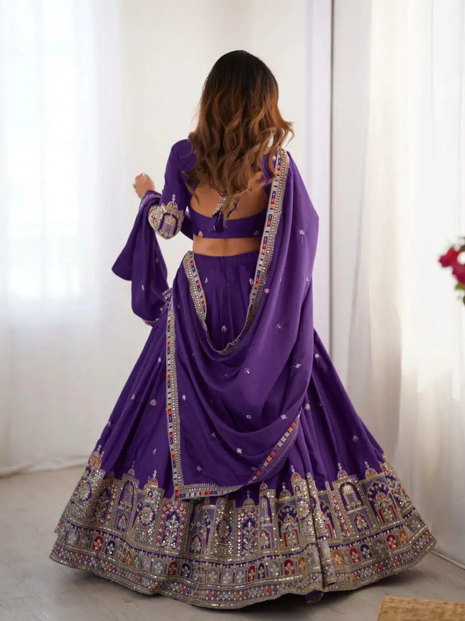 Purple Chinon Silk Embroidery Work Lehenga Choli - Image 2