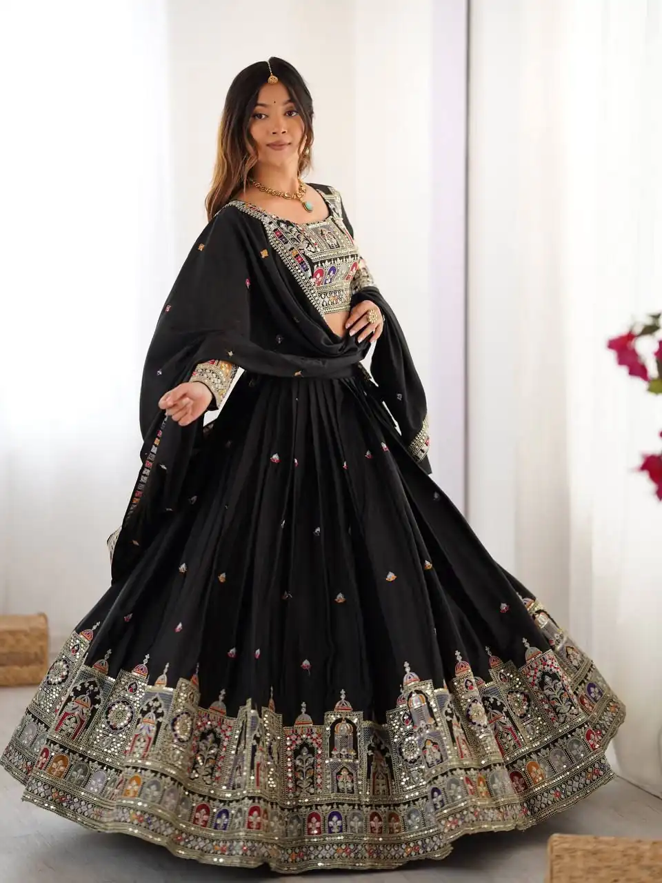 Black Chinon Silk Embroidery Work Lehenga Choli