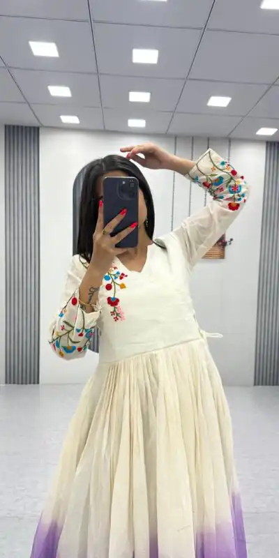 Lavender Soft Cotton Embroidery Work Gown