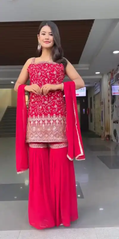 Red Georgette Thread Lace Work Salwar Suit