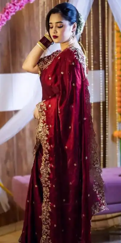 Maroon Fandy Satin Silk With Sequins Work Saree