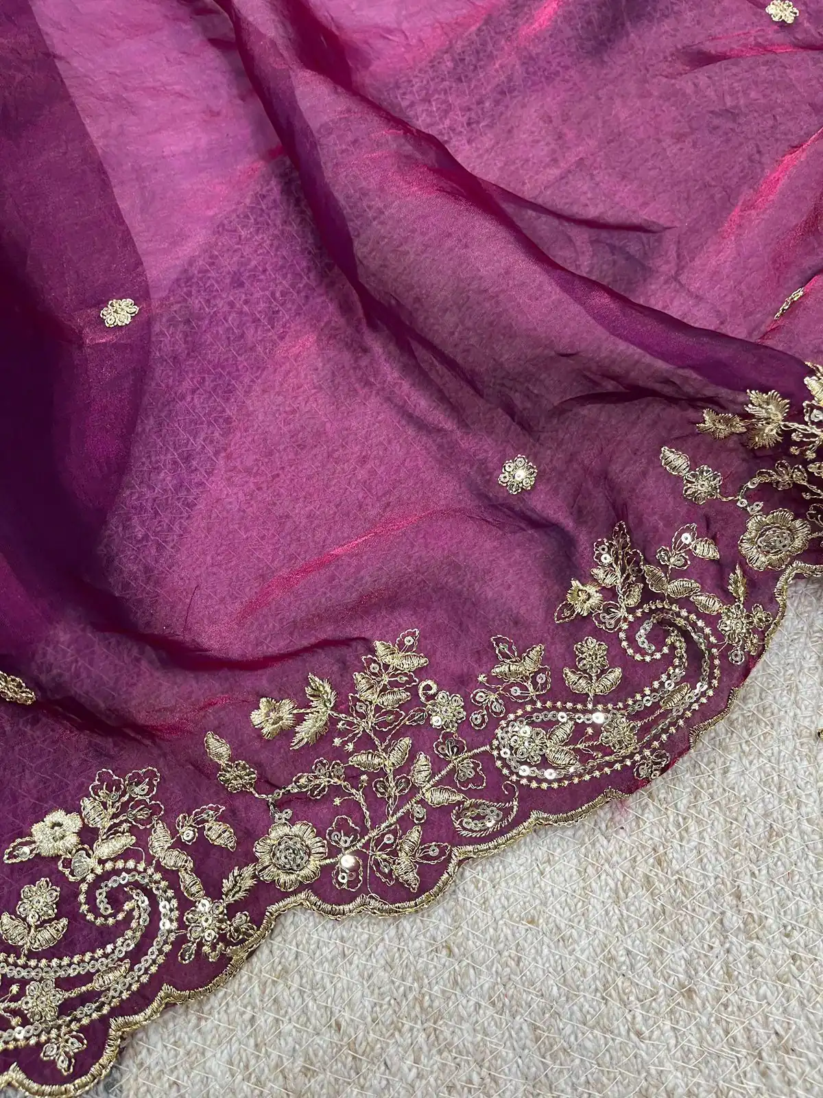 Wine Fandy Satin Silk With Sequins Work Saree - Image 3