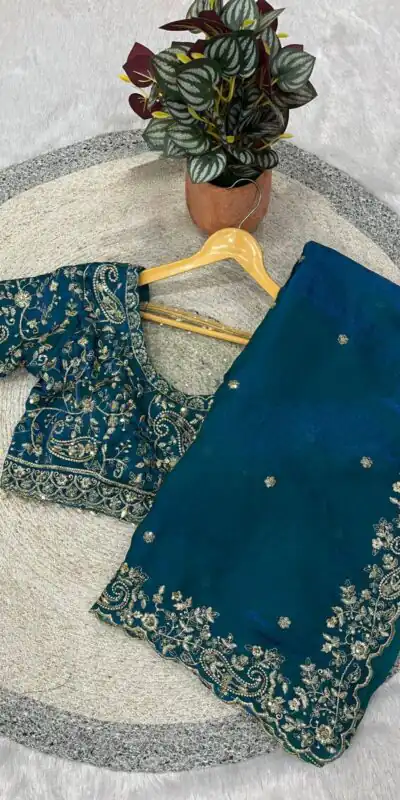 Blue Fandy Satin Silk With Sequins Work Saree