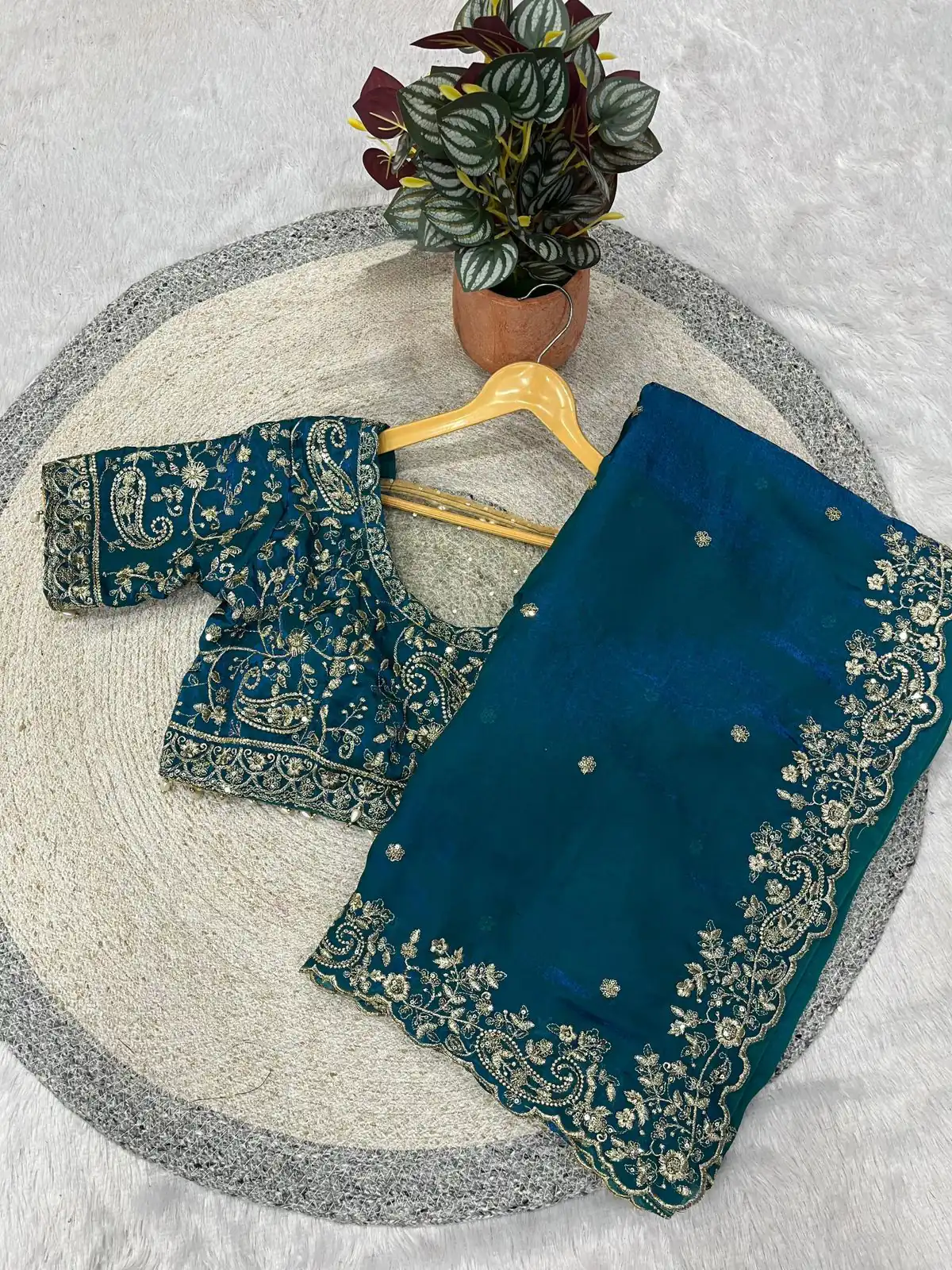 Blue Fandy Satin Silk With Sequins Work Saree