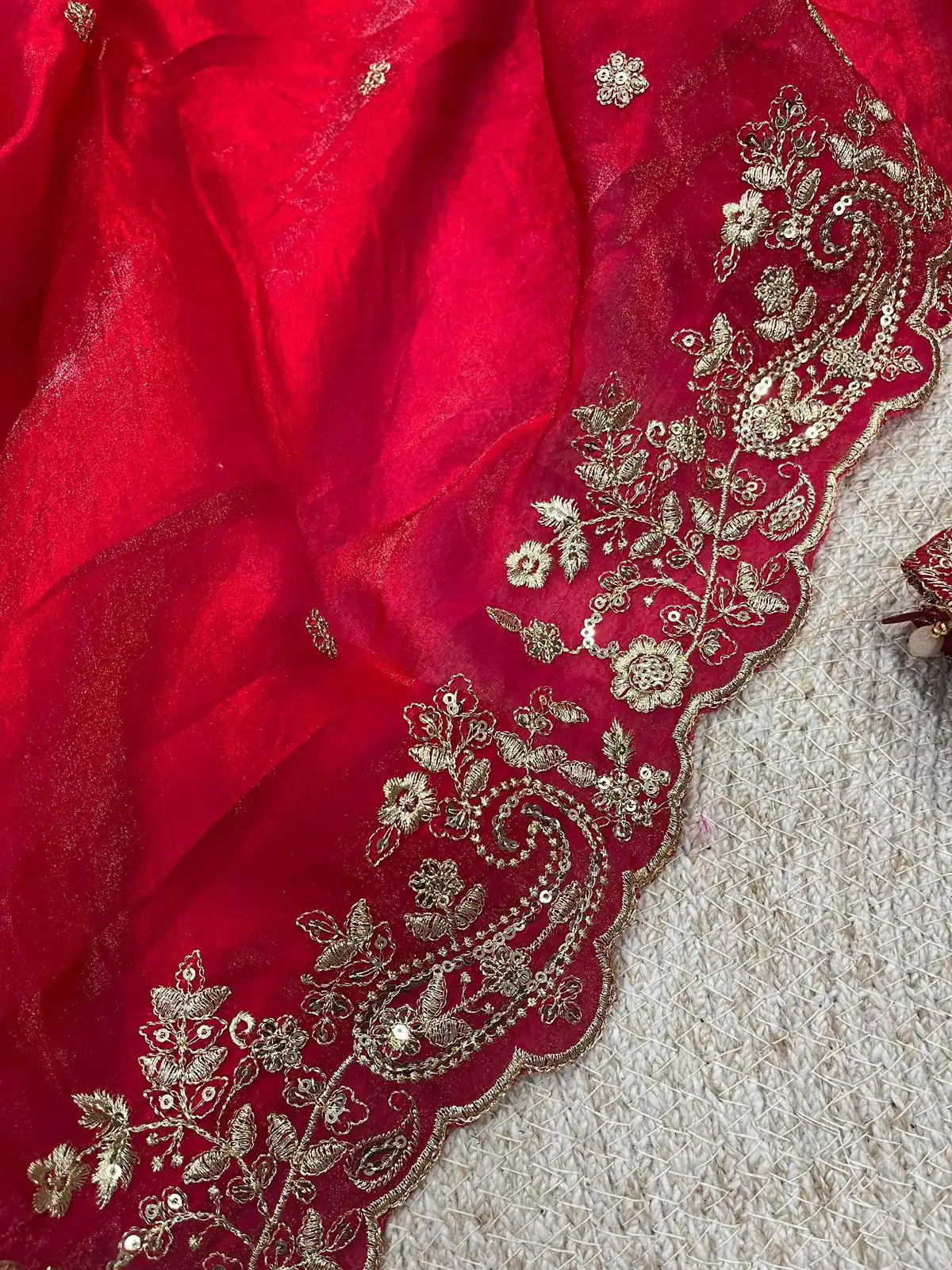 Red Fandy Satin Silk With Sequins Work Saree - Image 3