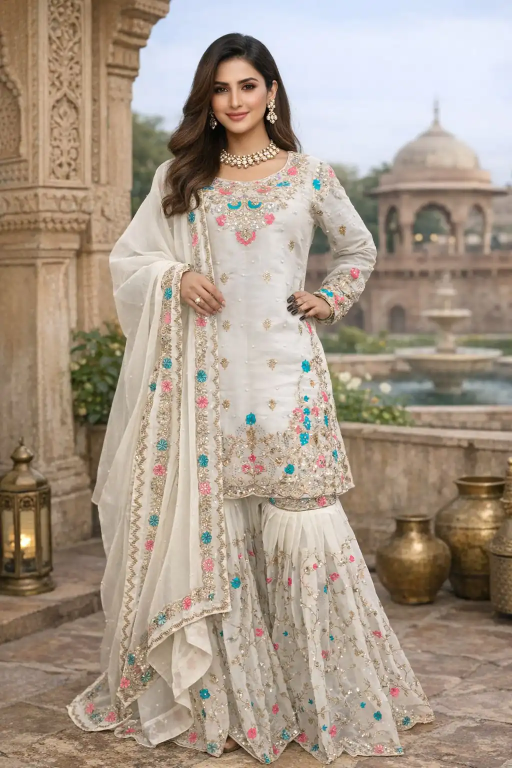 White Organza Silk Sequence Moti Work Salwar Suit