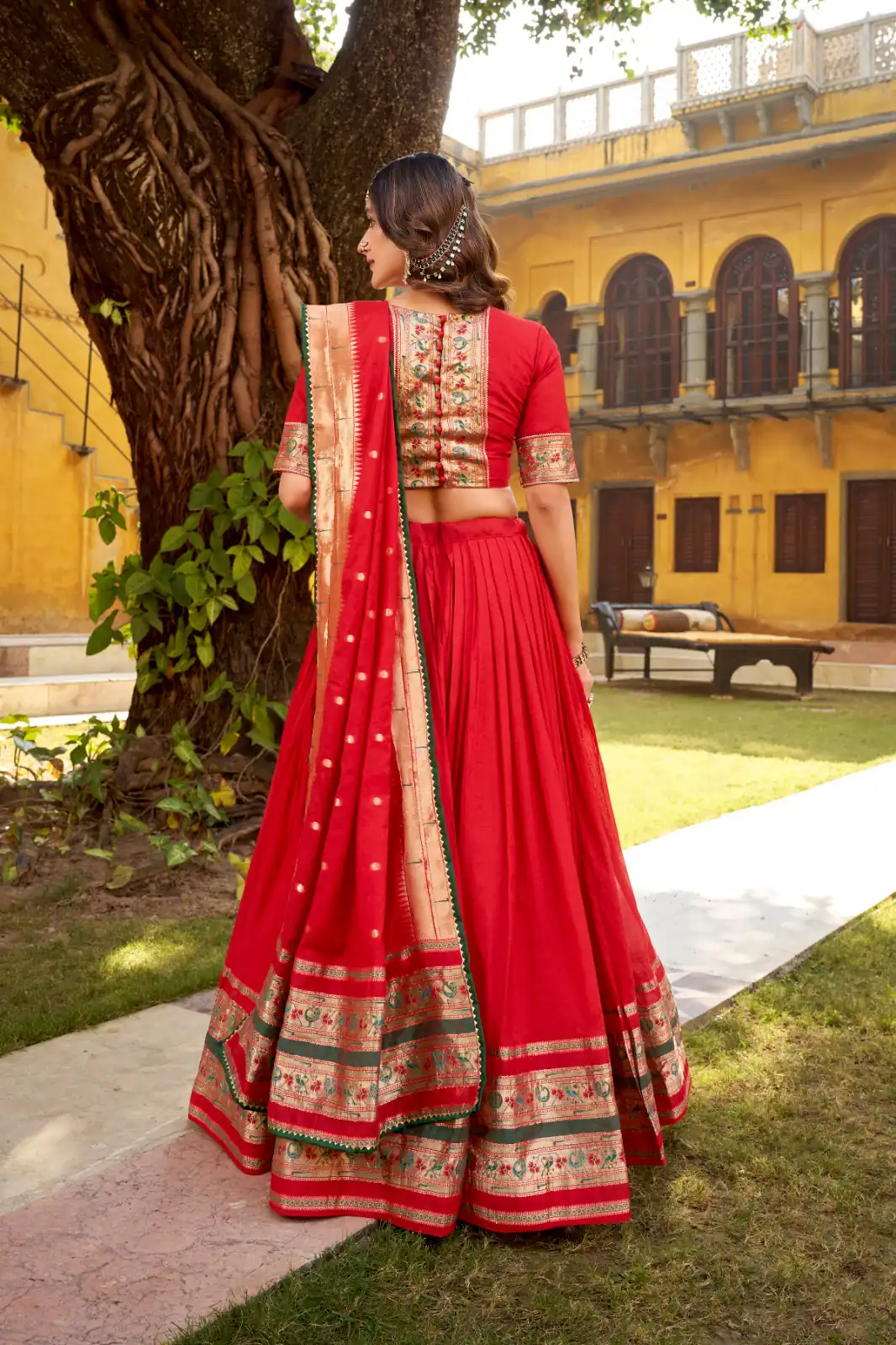 Red Pure Chanderi Zari Weaving Work Lehenga Choli - Image 2
