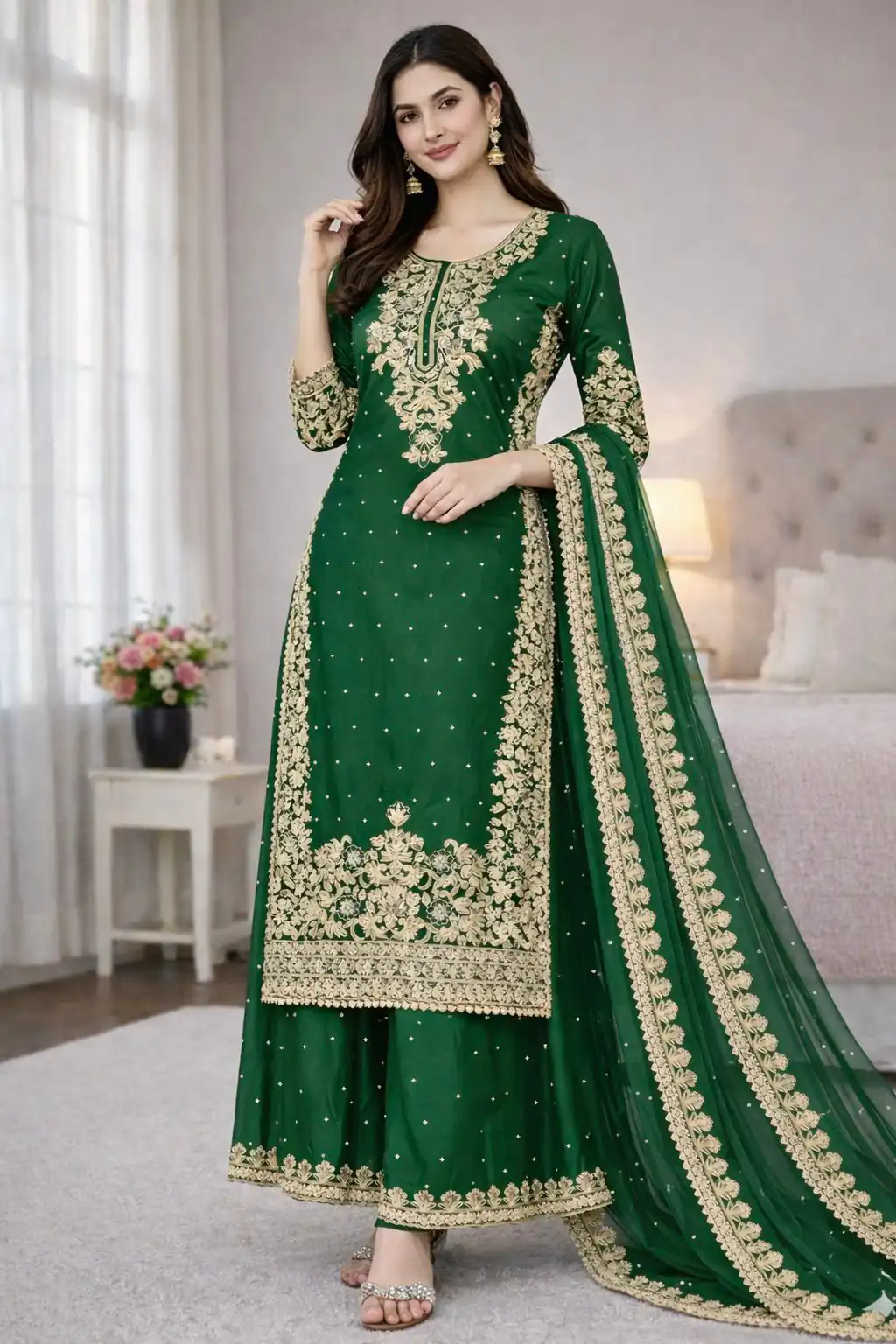 Green Organza Silk Embroidery Work Salwar Suit