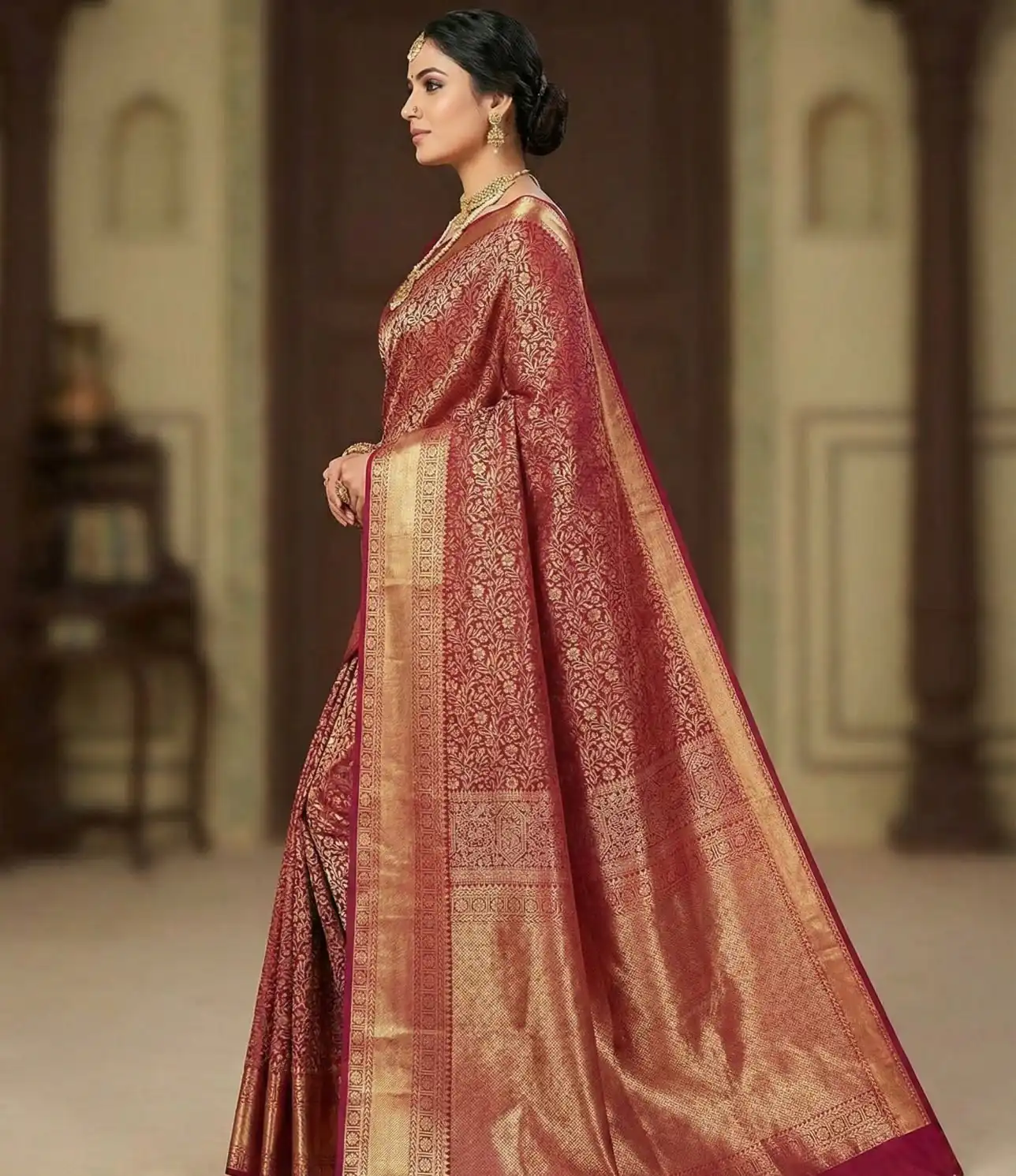 Maroon Lichi Silk All Over Border Work Saree
