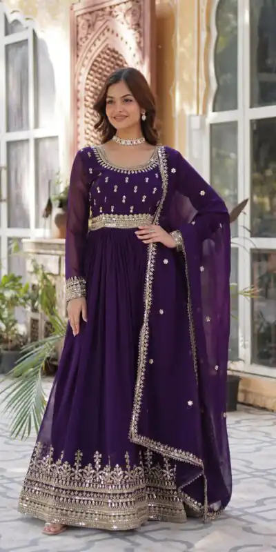Dark Purple Faux Blooming Embroidery Zari Work Gown