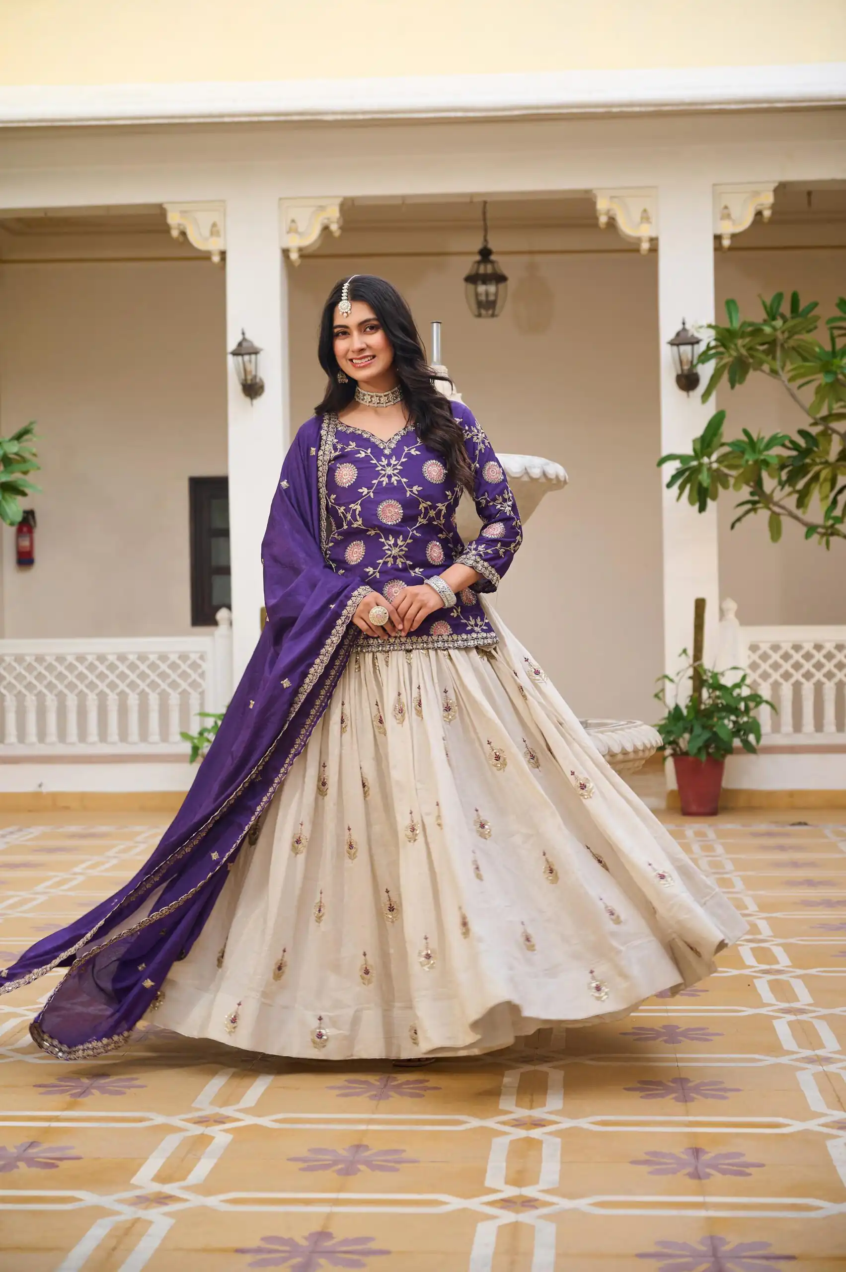 Dark Purple Pure Chinon Embroidery Work Lehenga Choli