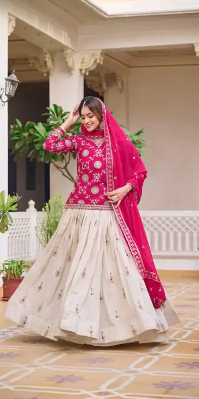 Pink Pure Chinon Embroidery Work Lehenga Choli