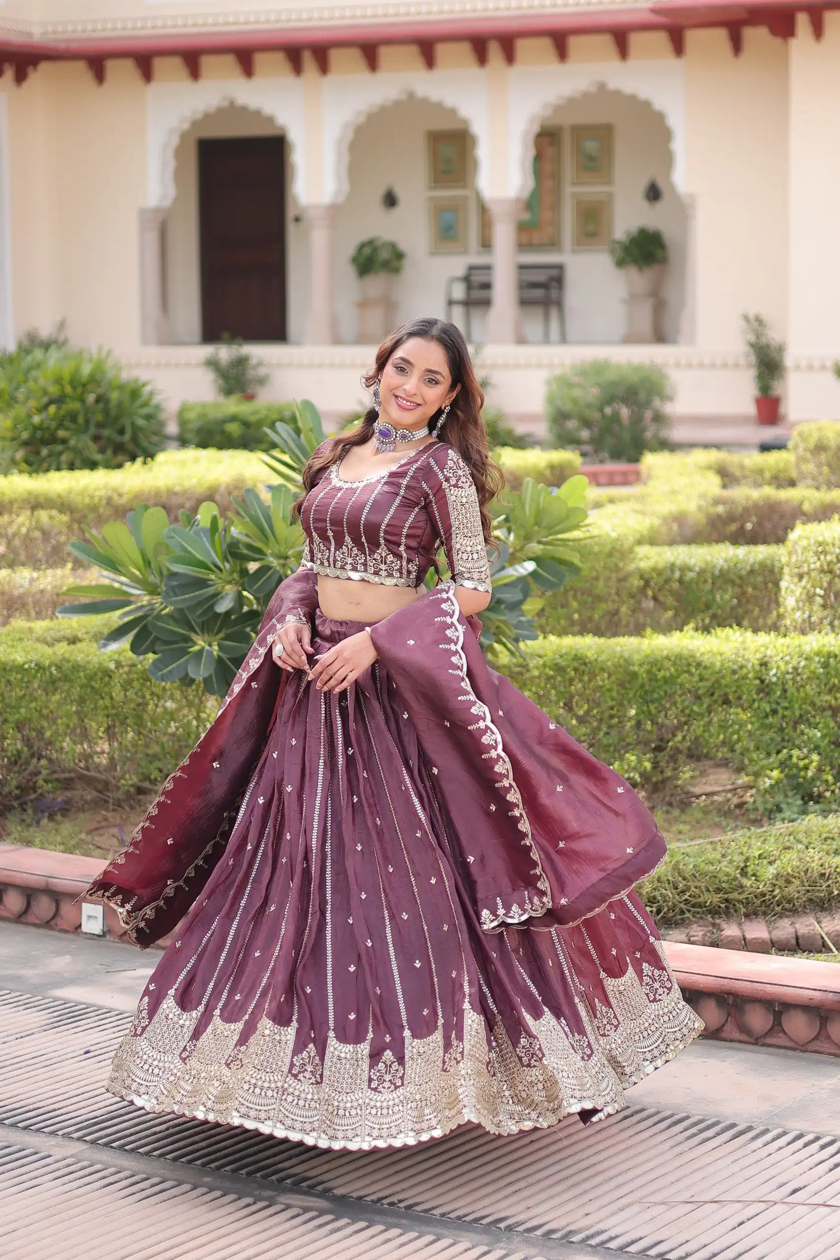 Onion Gold Crush Embroidery Zari Work Lehenga Choli - Image 7