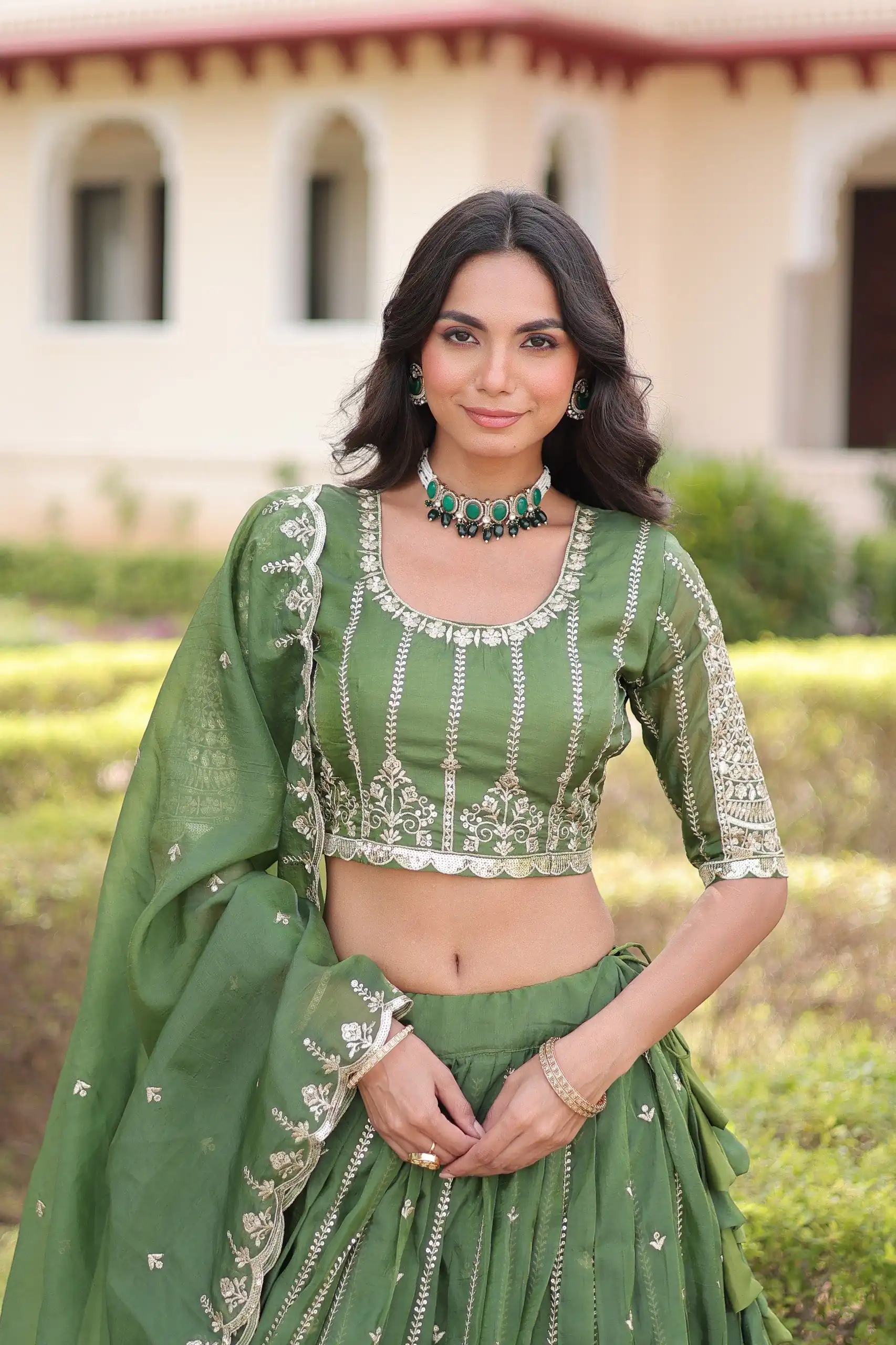 Pista Gold Crush Embroidery Zari Work Lehenga Choli - Image 2