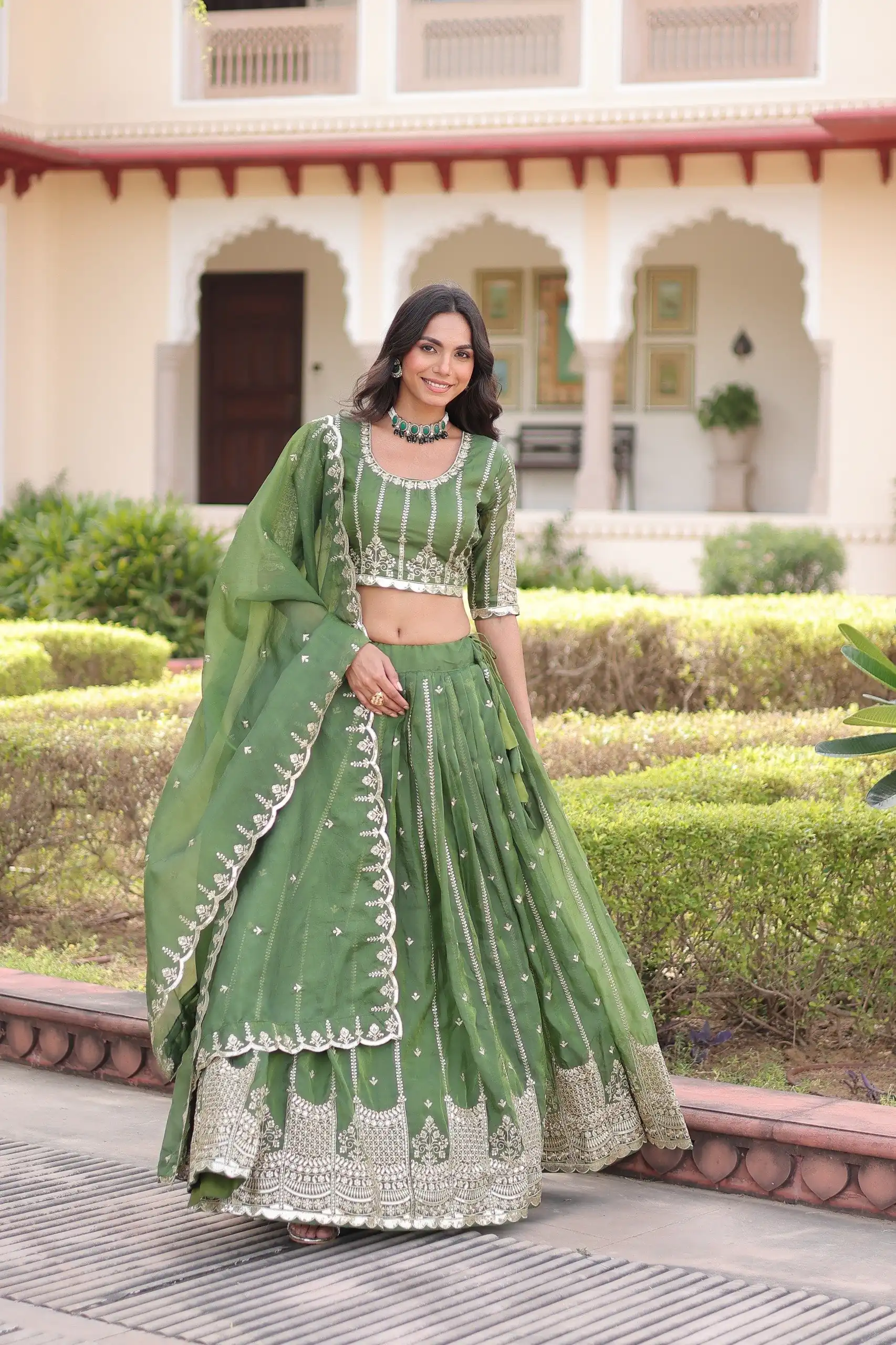Pista Gold Crush Embroidery Zari Work Lehenga Choli - Image 4