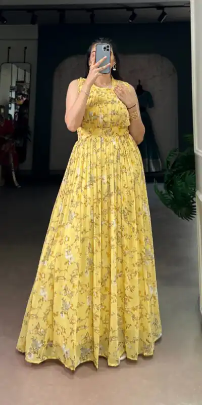 Yellow Weightless Marbal Floral Print Gown