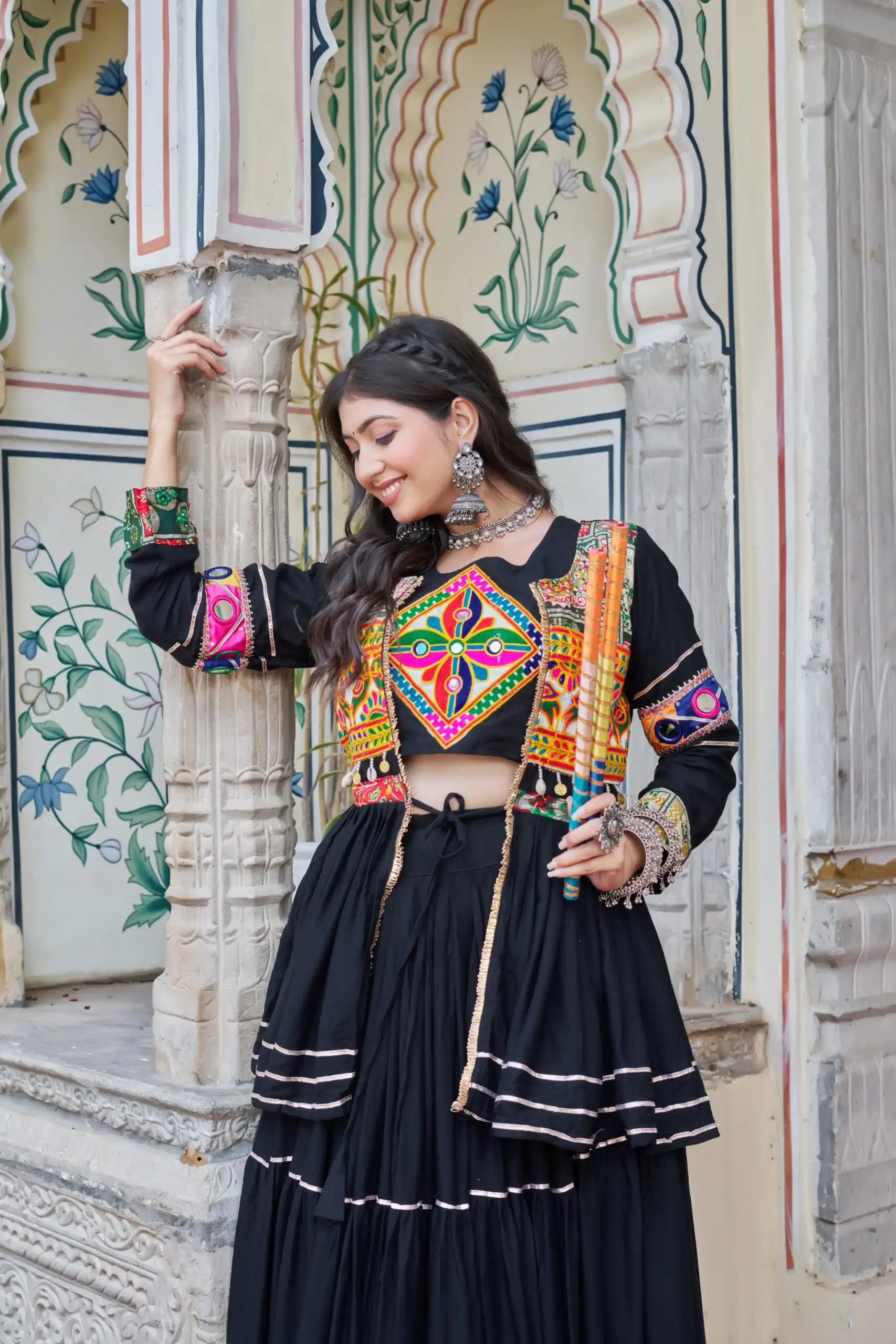 Black Pure Cotton Mirror Gamthi Work Lehenga Choli - Image 3