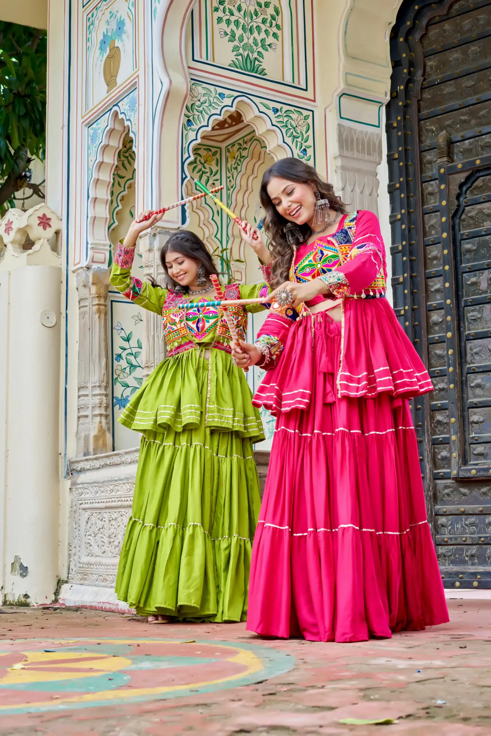 Parrot Green Pure Cotton Mirror Gamthi Work Lehenga Choli - Image 5