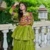 Parrot Green Pure Cotton Mirror Gamthi Work Lehenga Choli