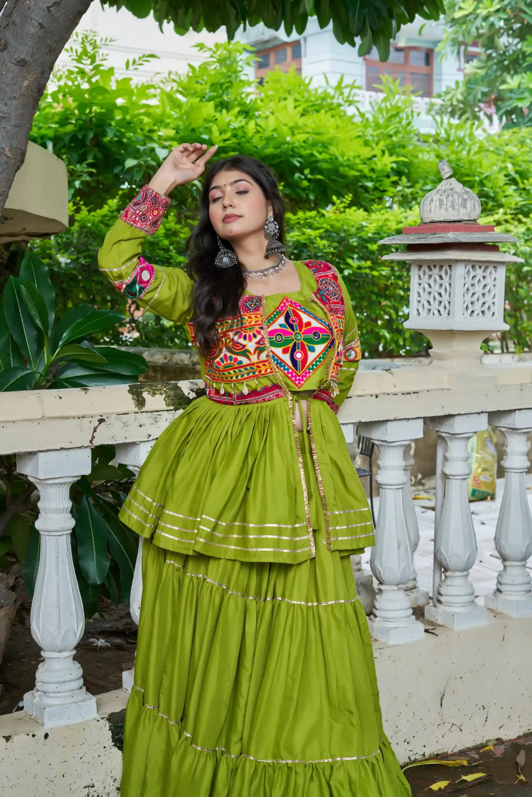Parrot Green Pure Cotton Mirror Gamthi Work Lehenga Choli