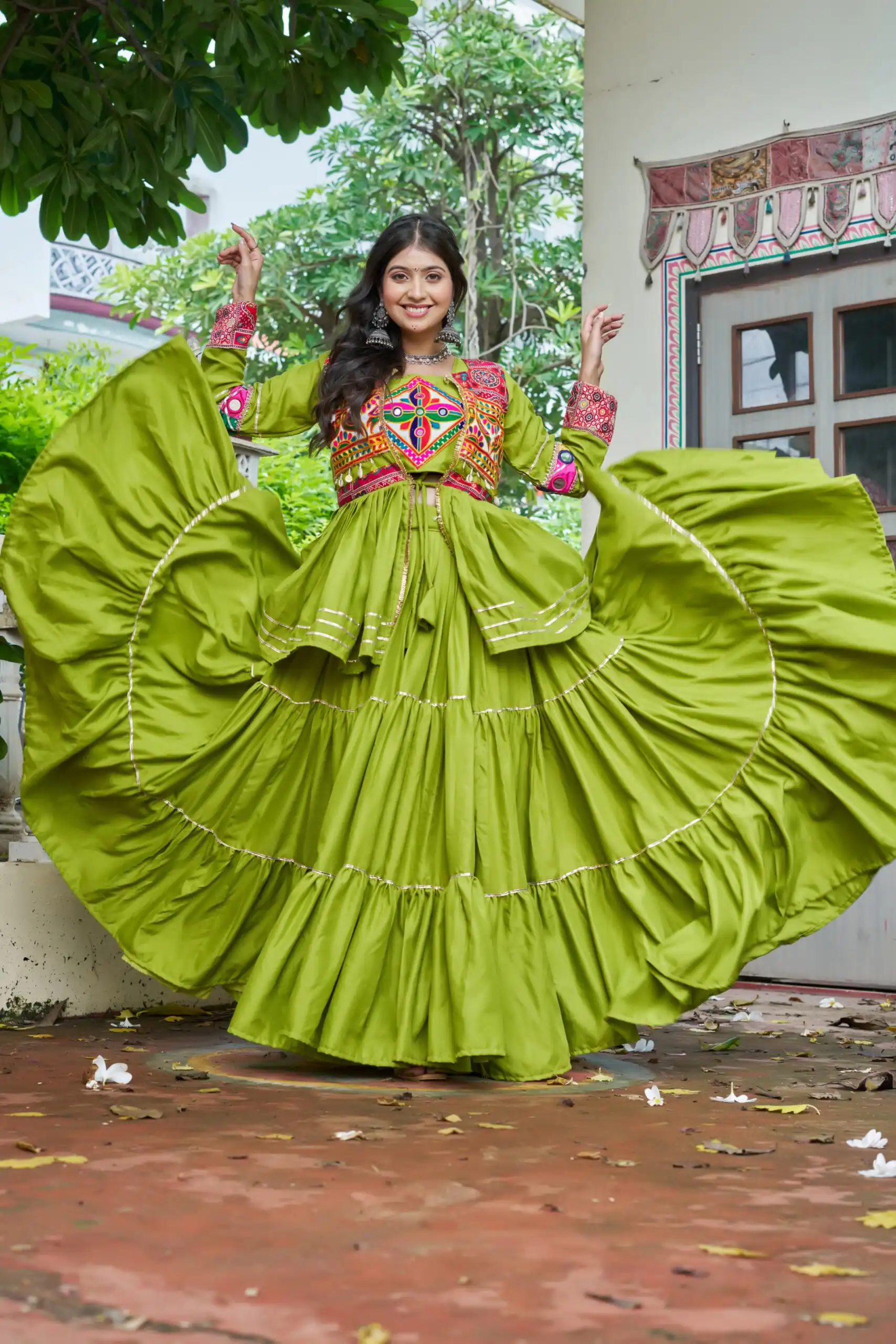 Parrot Green Pure Cotton Mirror Gamthi Work Lehenga Choli - Image 3