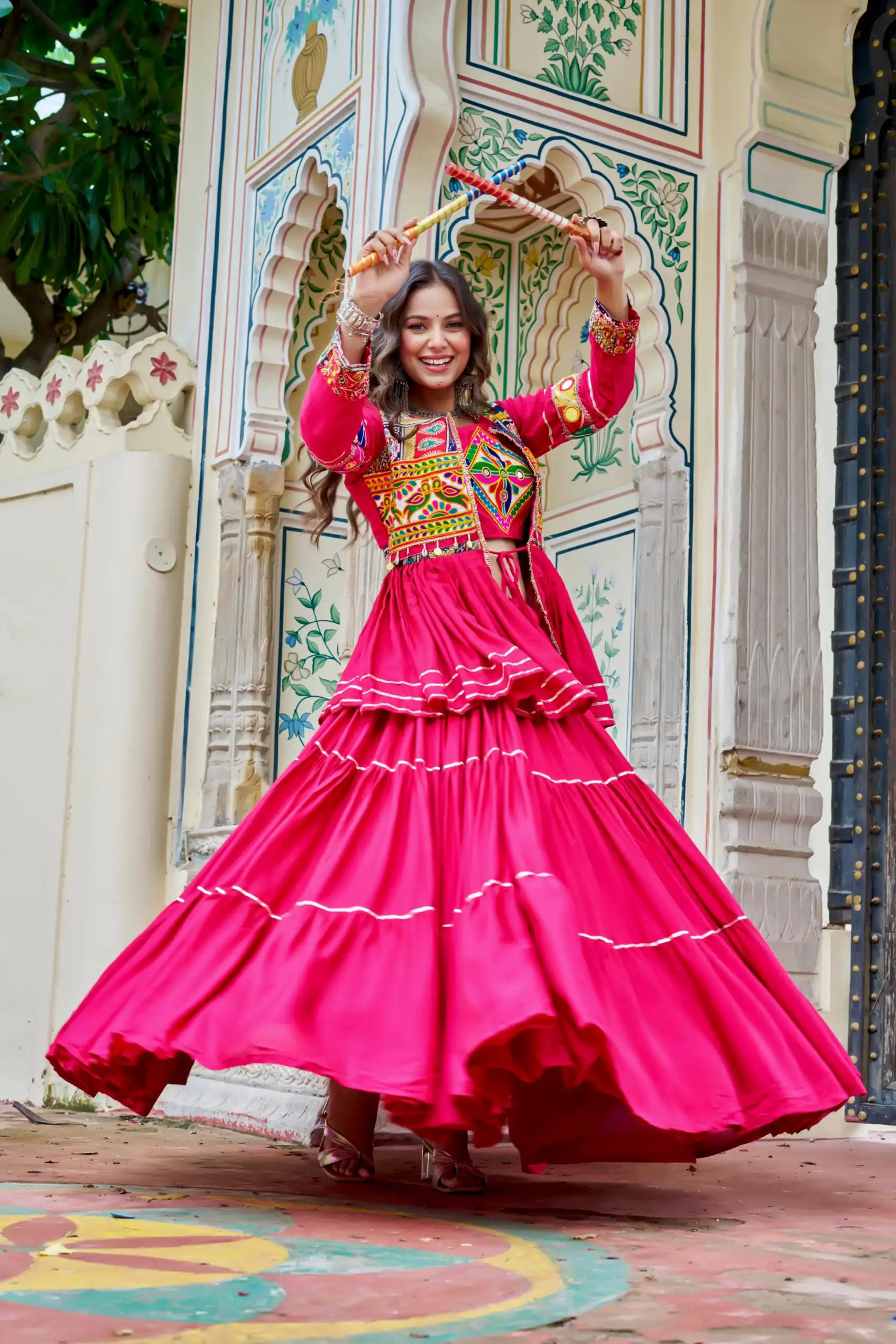 Pink Pure Cotton Mirror Gamthi Work Lehenga Choli