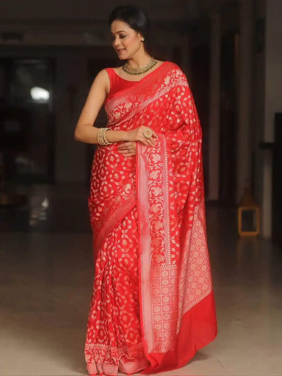 Red Lichi Silk Jacquard Border Work Saree - Image 2