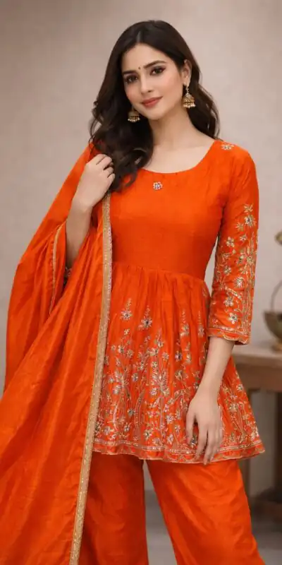 Orange Chinon Silk Embroidery Work Salwar Suit