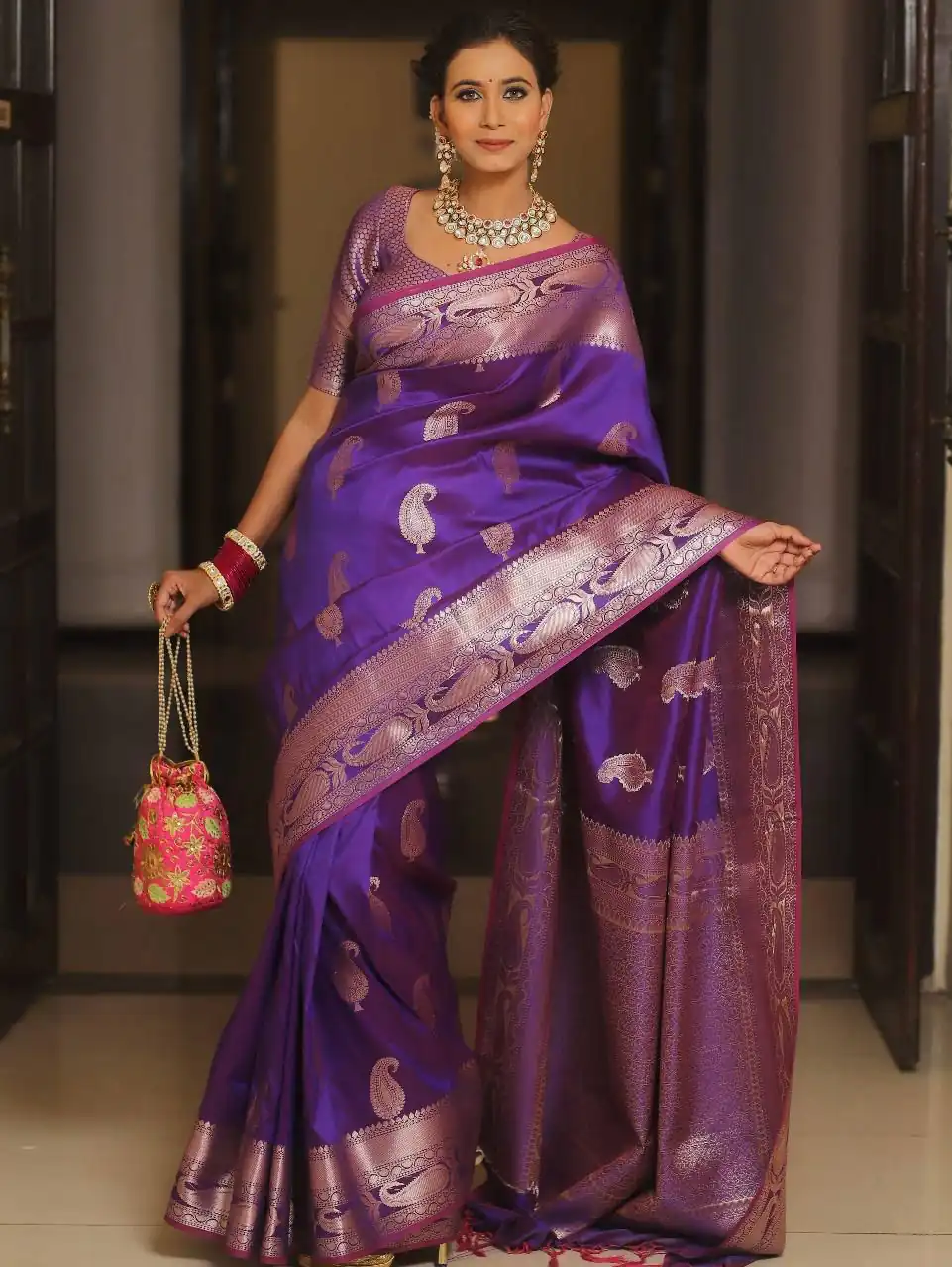 Purple Lichi Silk Border Lace Work Saree