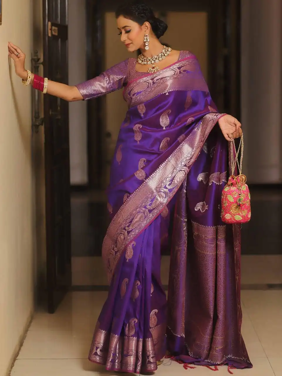 Purple Lichi Silk Border Lace Work Saree - Image 2