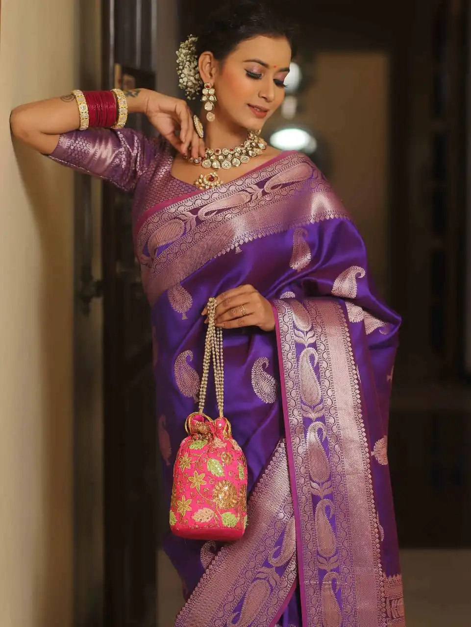 Purple Lichi Silk Border Lace Work Saree - Image 3