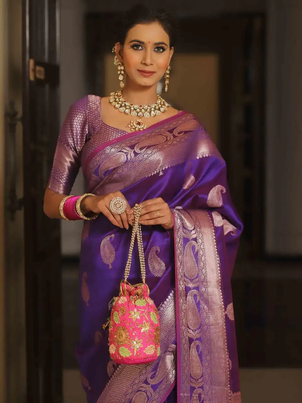 Purple Lichi Silk Border Lace Work Saree - Image 4