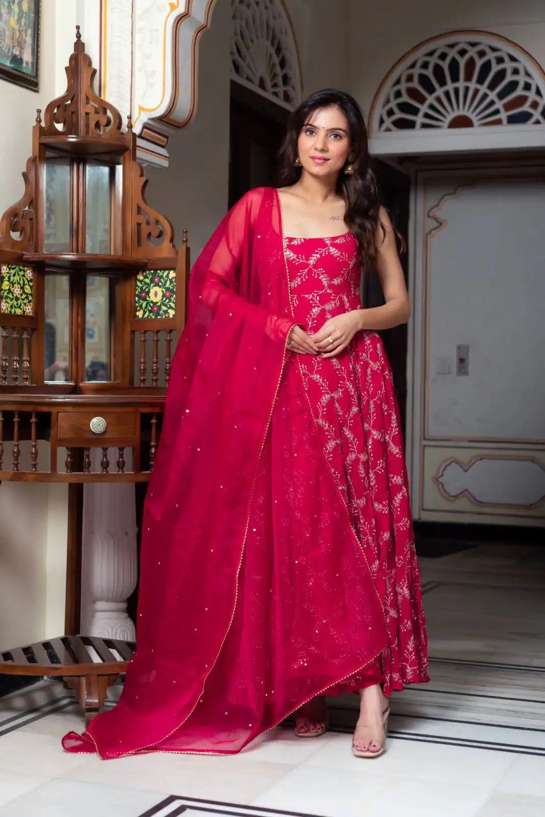 Red Faux Georgette Lace Work Anarkali Suit - Image 3